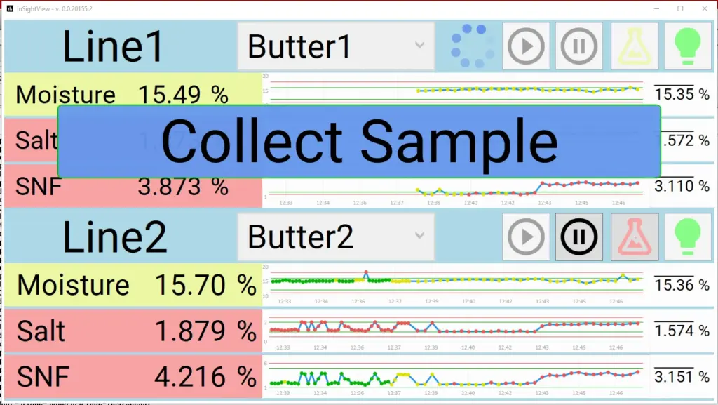Capture d'écran d'InSightView pour l'analyse en ligne avec InSight Pro. Diverses variables. Collecte de l'échantillon